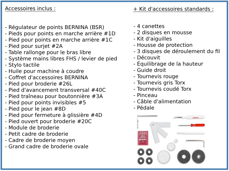 Liste des accessoires inclus avec la machine à coudre et à broder bernina B790 PRO