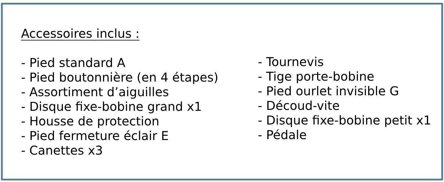 accessoires inclus avec la elna explore 150